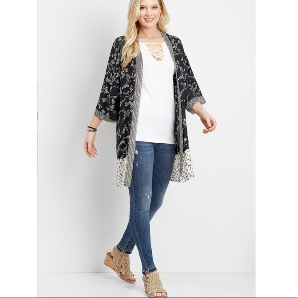 Maurices Kimono Top Open Front Mixed Print Black White Top Kimono Small Medium